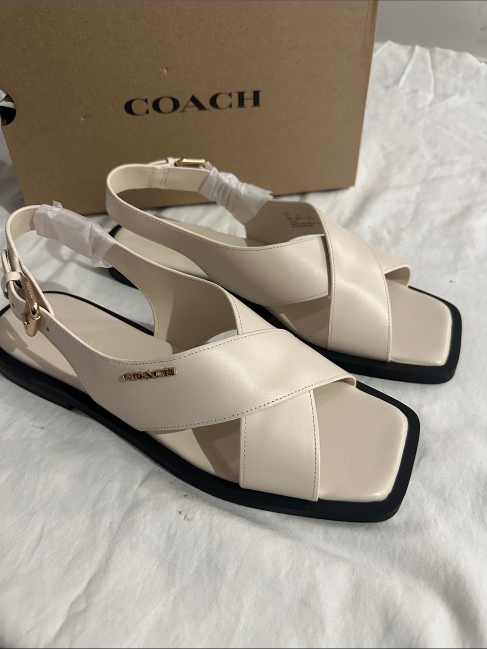 Coach Cream Cross-Strap Slingback Sandal with Black Trim